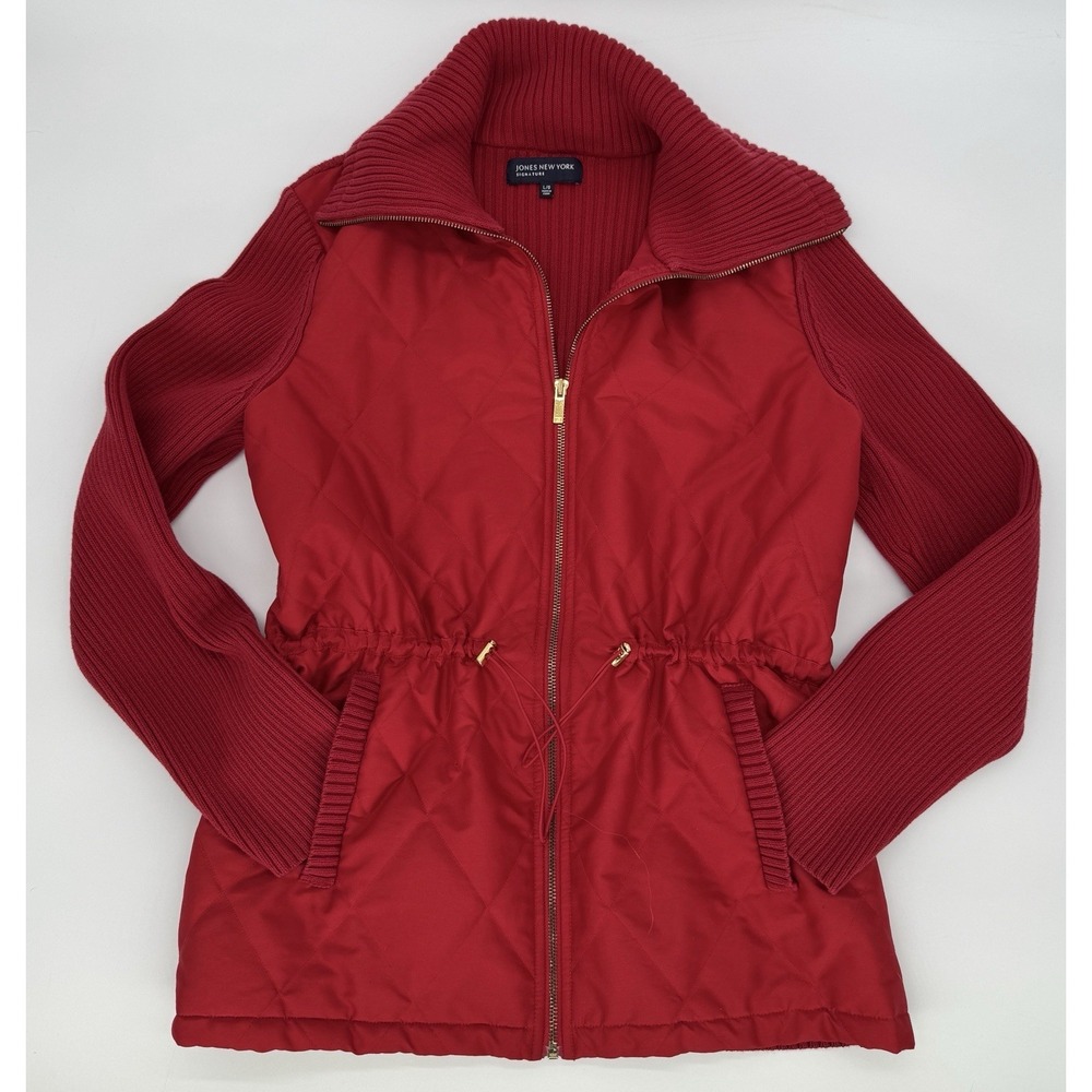 JONES NEW YORK Red Cotton Sweater Jacket Quilted Drawstring Waist Women's Sz L
